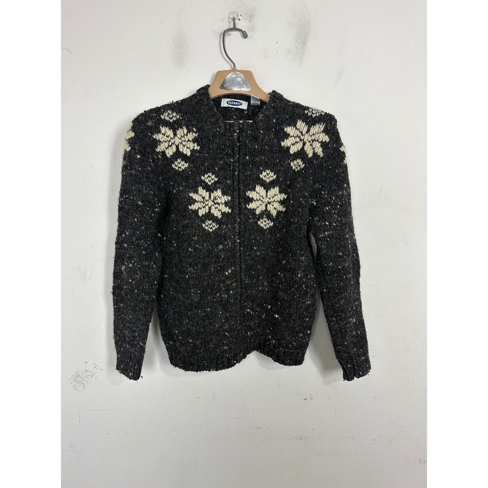 Old Navy Vintage 100% Wool Snowflake Zip Front Cardigan Sweater Gray Large